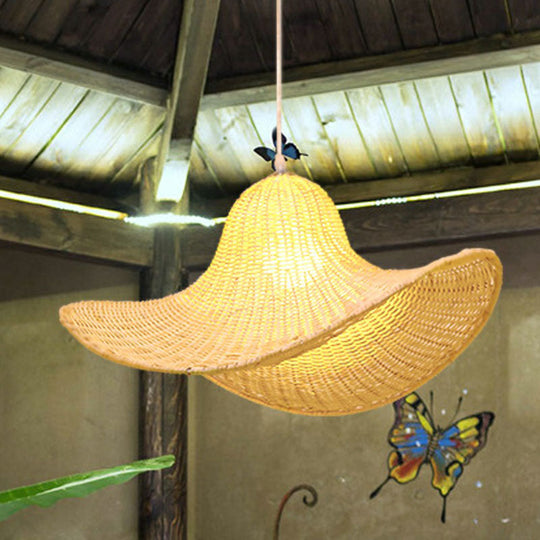 South-East Straw Hat Rattan Pendant Light: Tea Room Wood Hanging Ceiling Lamp