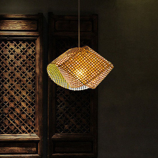 Asian Style Twisted Bamboo Ceiling Light - Wood Hanging Fixture For Restaurants