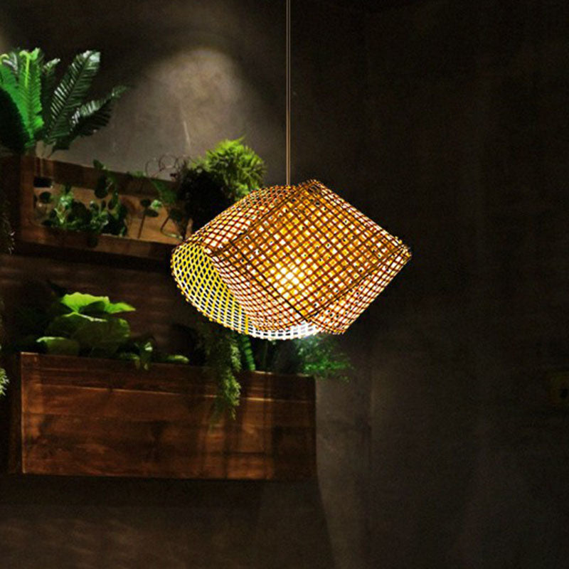 Asian Style Twisted Bamboo Ceiling Light - Wood Hanging Fixture For Restaurants