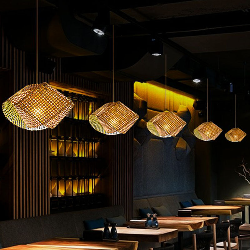 Asian Style Twisted Bamboo Ceiling Light - Wood Hanging Fixture For Restaurants