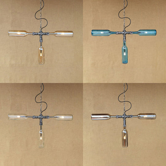 Antique Style Glass 3-Light Chandelier With Blue/Clear Bottle Shades - Restaurant Pendant Lamp