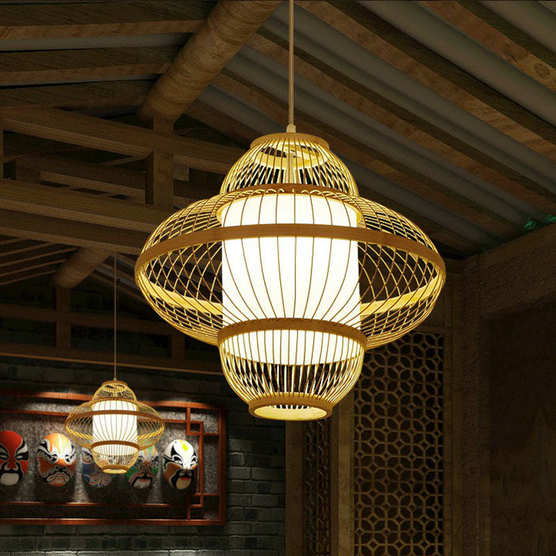 Modern Bamboo Lantern Pendant Light For Restaurants - Single Wood Hanging Ceiling Fixture