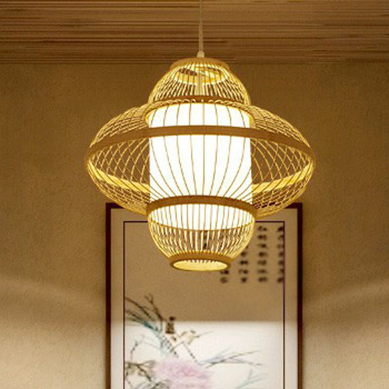 Modern Bamboo Lantern Pendant Light For Restaurants - Single Wood Hanging Ceiling Fixture