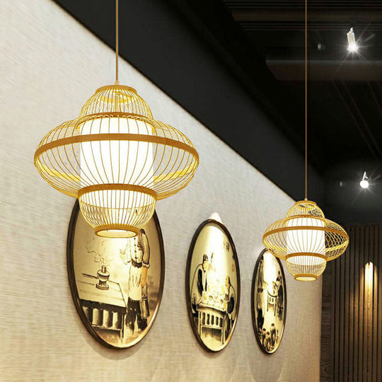 Modern Bamboo Lantern Pendant Light For Restaurants - Single Wood Hanging Ceiling Fixture