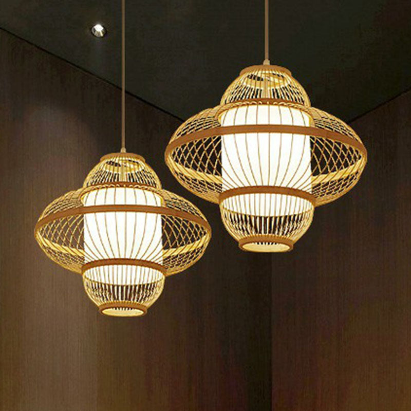 Modern Bamboo Lantern Pendant Light For Restaurants - Single Wood Hanging Ceiling Fixture