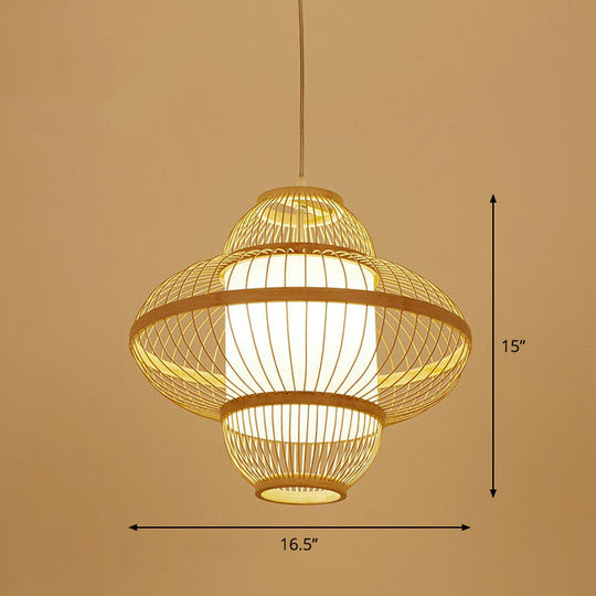 Modern Bamboo Lantern Pendant Light For Restaurants - Single Wood Hanging Ceiling Fixture / 16.5