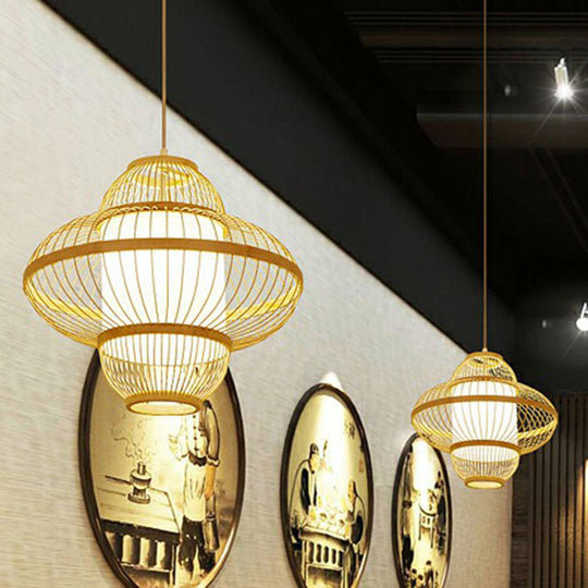 Modern Bamboo Lantern Pendant Light For Restaurants - Single Wood Hanging Ceiling Fixture