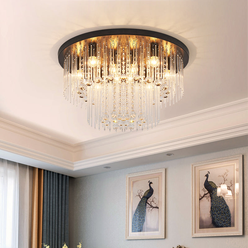 Modernist Black Tiered Flush Ceiling Light: 19.5"/23.5" Dia, 8-Light Crystal Lamp