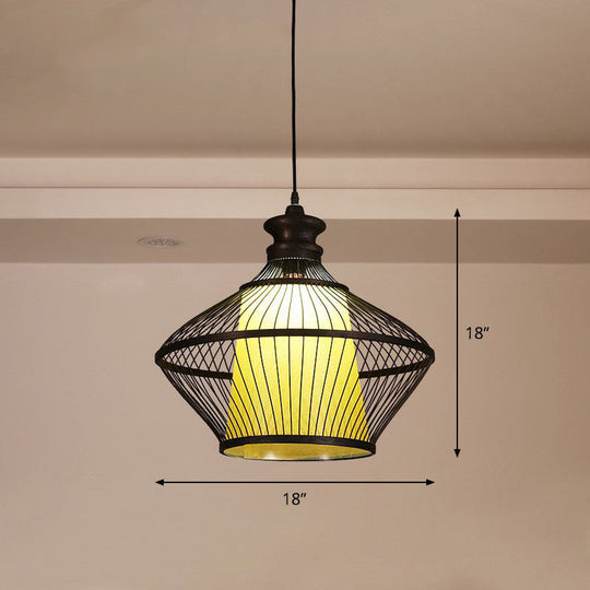 Curvy Bamboo Tea Room Pendant Light - Single South-East Asian Suspension Fixture Black / 18