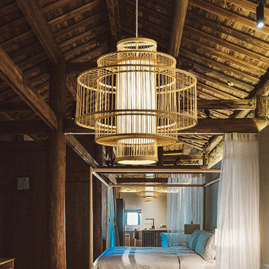 Simplicity 1-Light Bamboo Wood Pendant Light Fixture For Bedroom - Symmetrical Suspension