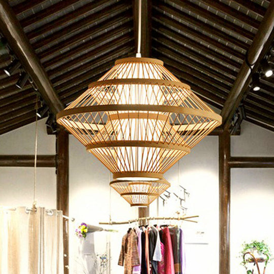 Simplicity 1-Light Bamboo Wood Pendant Light Fixture For Bedroom - Symmetrical Suspension