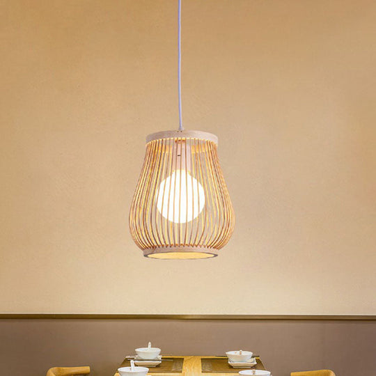 Simplicity 1-Light Bamboo Wood Pendant Light Fixture For Bedroom - Symmetrical Suspension