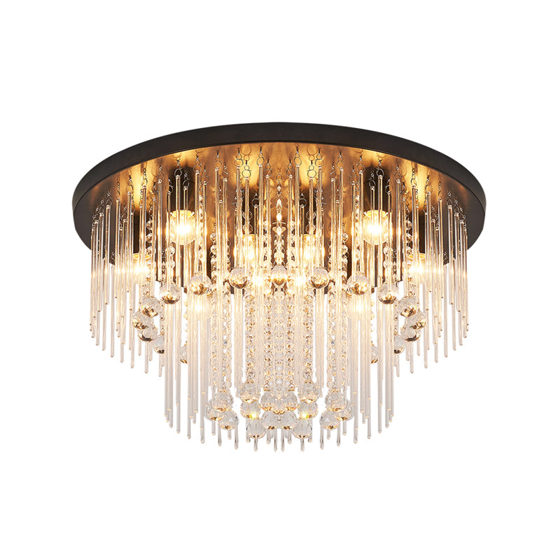 Modernist Black Tiered Flush Ceiling Light: 19.5"/23.5" Dia, 8-Light Crystal Lamp