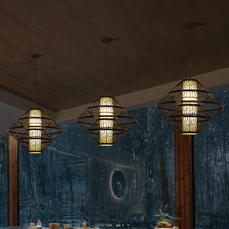 1-Light Asian Style Layered Bamboo Shade Ceiling Light For Tea Rooms