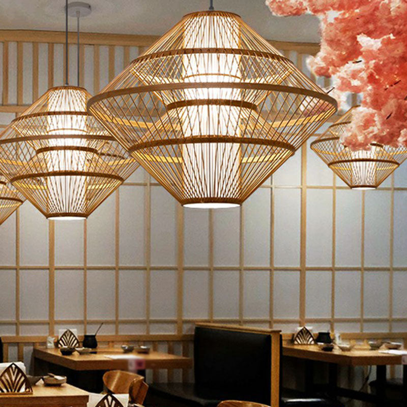 1-Light Asian Style Layered Bamboo Shade Ceiling Light For Tea Rooms