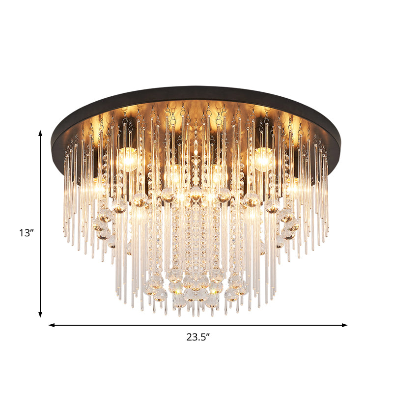 Modernist Black Tiered Flush Ceiling Light: 19.5"/23.5" Dia, 8-Light Crystal Lamp