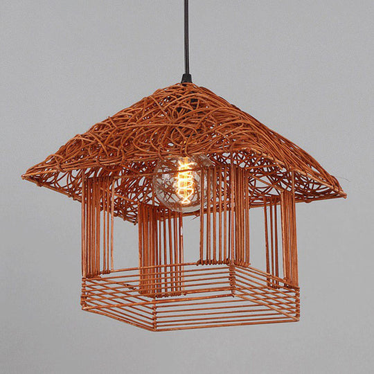 Bamboo House Tea Room Pendant Light - Single-Bulb Contemporary Suspension Fixture Orange