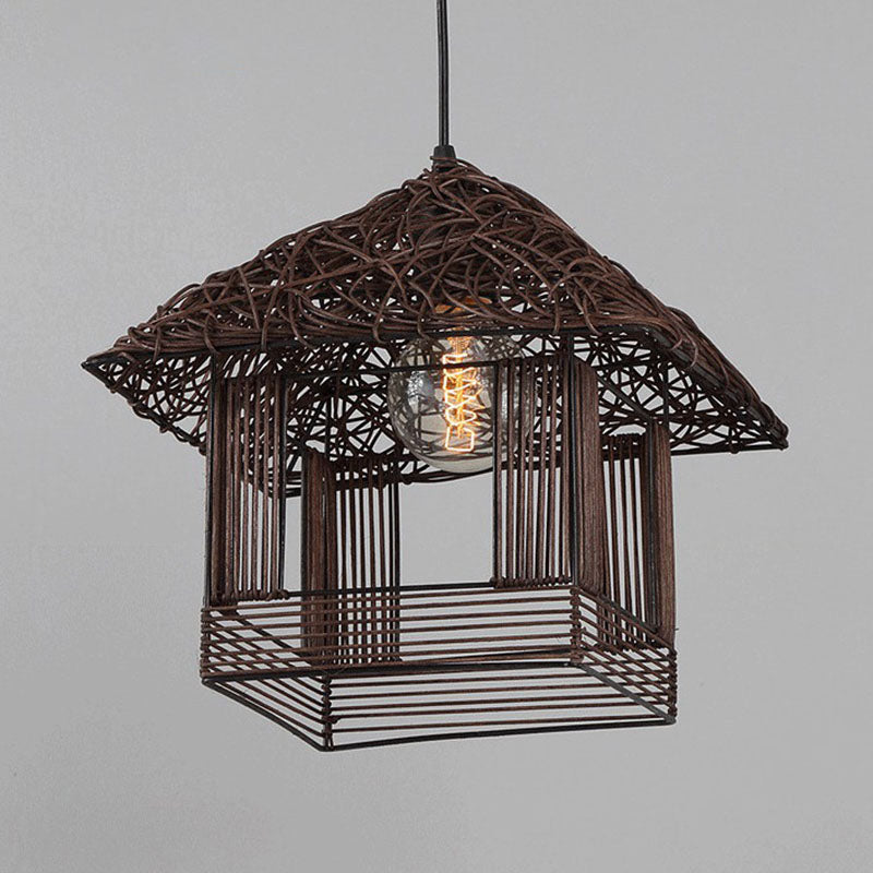 Bamboo House Tea Room Pendant Light - Single-Bulb Contemporary Suspension Fixture Coffee