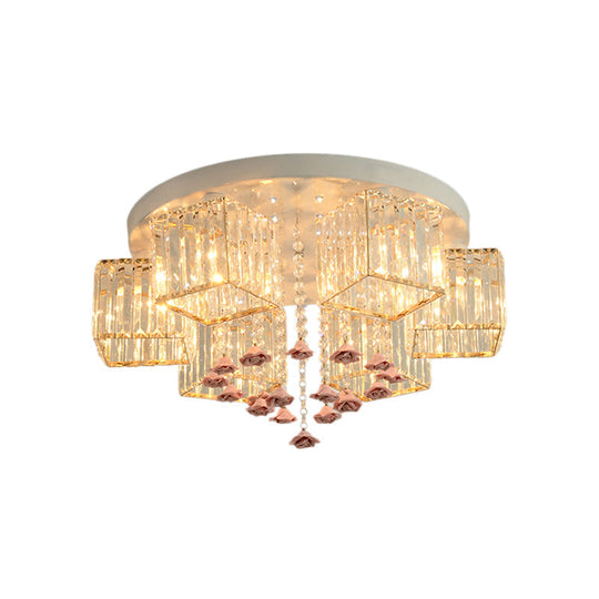 Modern Cubic Flush Mount Crystal Ceiling Light with Pink Rose Draping - 19.5"/23.5" Dia - 5/6 Heads - Living Room