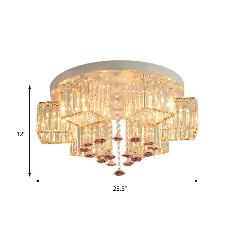 Modern Cubic Flush Mount Crystal Ceiling Light with Pink Rose Draping - 19.5"/23.5" Dia - 5/6 Heads - Living Room