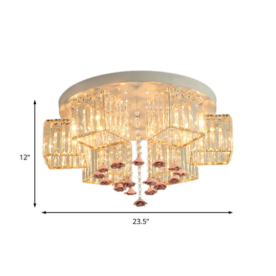 Modern Cubic Flush Mount Crystal Ceiling Light with Pink Rose Draping - 19.5"/23.5" Dia - 5/6 Heads - Living Room