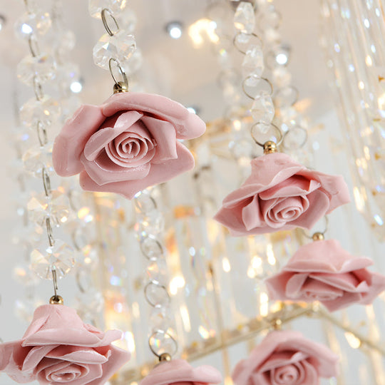 Modern Cubic Flush Mount Crystal Ceiling Light With Pink Rose Draping - 19.5/23.5 Dia 5/6 Heads