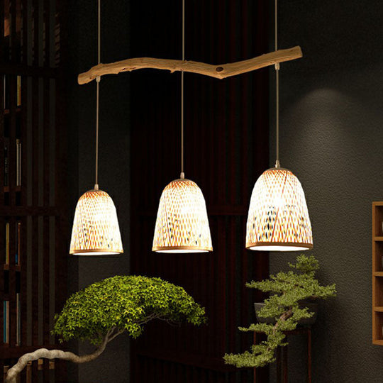 Bamboo Bell Shade Pendant Light - South-East Asian Tea Room Island Lighting With 3 Heads Wood Finish