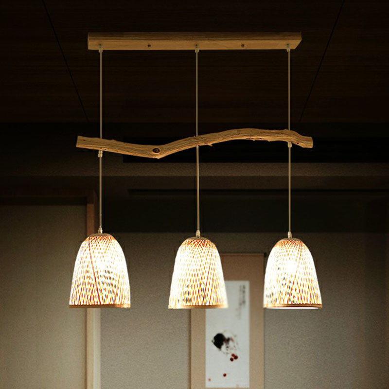 Bamboo Bell Shade Pendant Light - South-East Asian Tea Room Island Lighting With 3 Heads Wood Finish