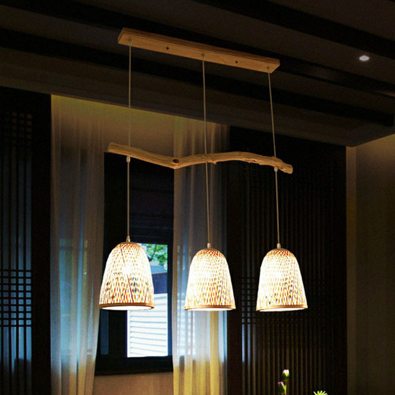 Bamboo Bell Shade Pendant Light - South-East Asian Tea Room Island Lighting With 3 Heads Wood Finish