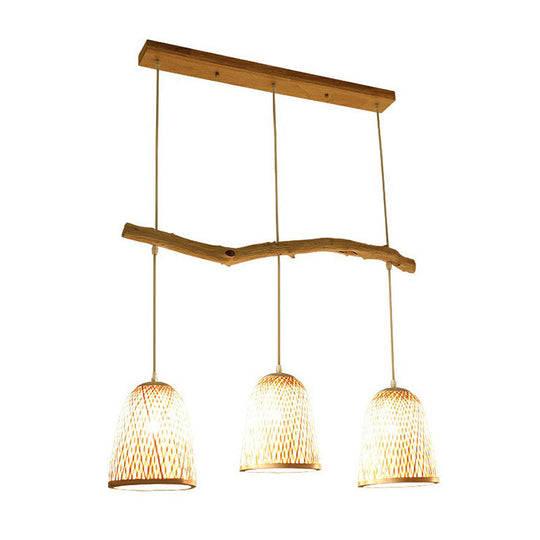 Bamboo Bell Shade Pendant Light - South-East Asian Tea Room Island Lighting With 3 Heads Wood Finish