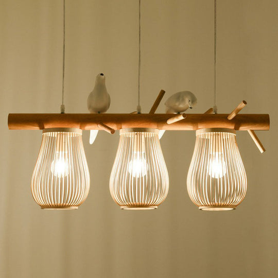 Nordic Style Bamboo Pendant Light With Bird Decor - Pear-Shaped Perfect For Dining Room And Kitchen