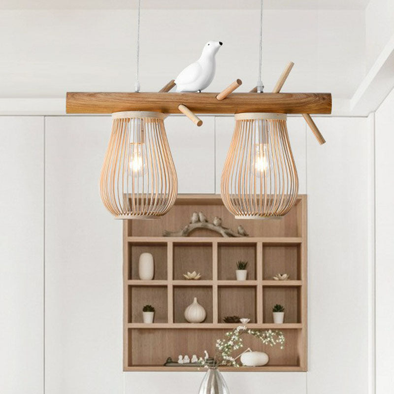 Nordic Style Bamboo Pendant Light With Bird Decor - Pear-Shaped Perfect For Dining Room And Kitchen