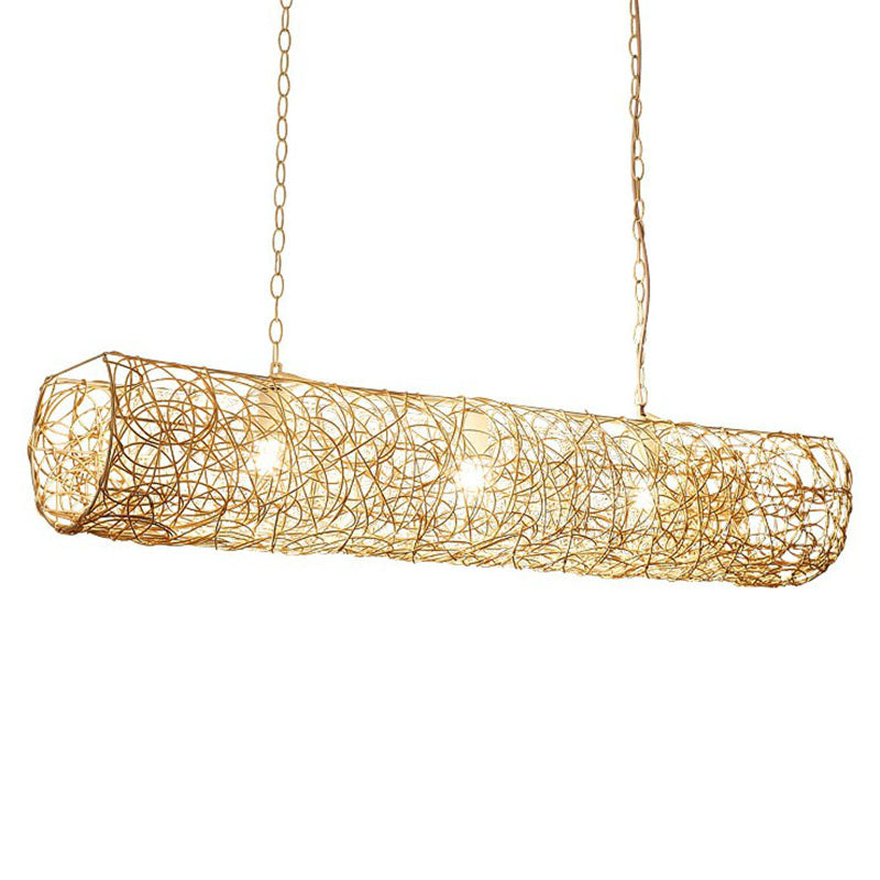 Cylindrical Rattan Island Pendant Light - Southeast Asian Style With 3 Bulbs For Tea Room Ceiling