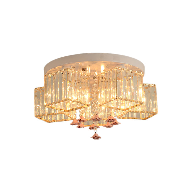 Modern Cubic Flush Mount Crystal Ceiling Light with Pink Rose Draping - 19.5"/23.5" Dia - 5/6 Heads - Living Room