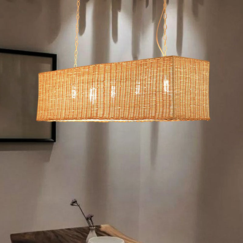 Minimalist Rectangular Rattan Restaurant Hanging Lamp With 3 Heads - Wood Island Chandelier Light