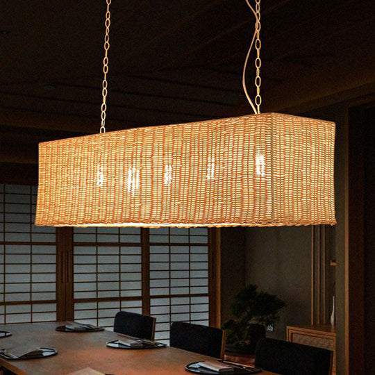 Minimalist Rectangular Rattan Restaurant Hanging Lamp With 3 Heads - Wood Island Chandelier Light