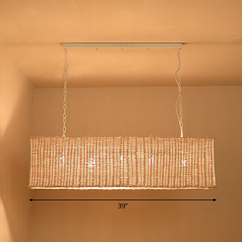 Minimalist Rectangular Rattan Restaurant Hanging Lamp With 3 Heads - Wood Island Chandelier Light