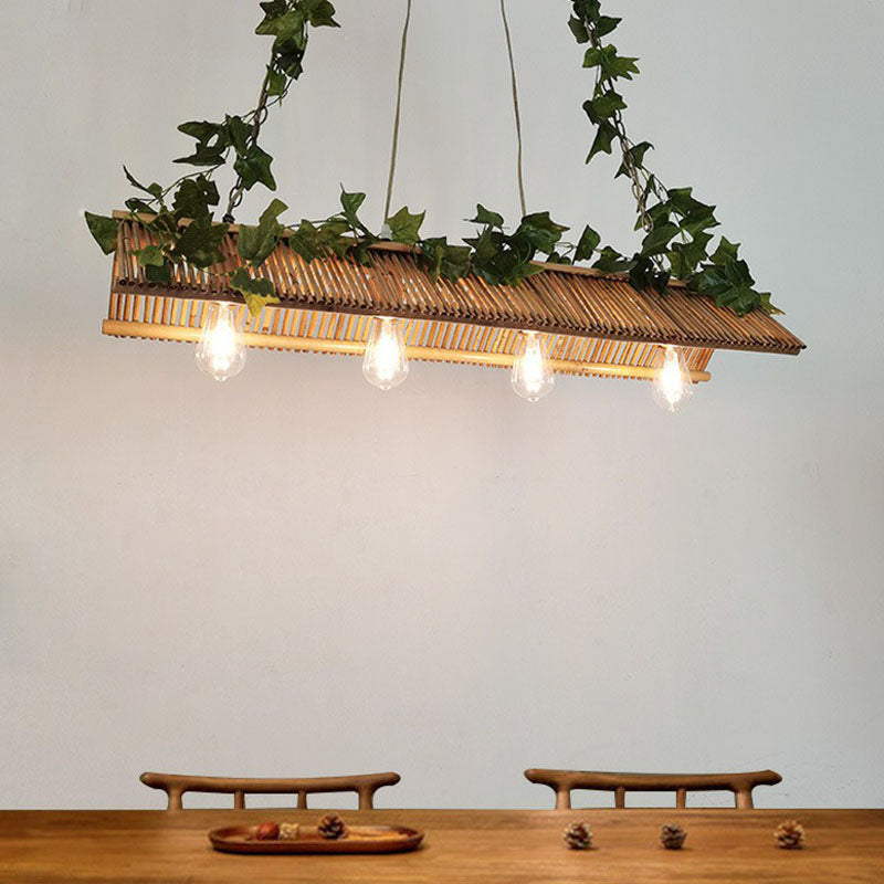 Modern Bamboo Island Pendant Light Fixture With Triangle Roof Design - Wood Ceiling Lighting