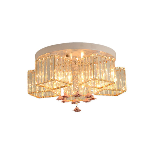 Modern Cubic Flush Mount Crystal Ceiling Light With Pink Rose Draping - 19.5/23.5 Dia 5/6 Heads