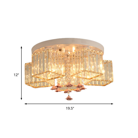 Modern Cubic Flush Mount Crystal Ceiling Light with Pink Rose Draping - 19.5"/23.5" Dia - 5/6 Heads - Living Room