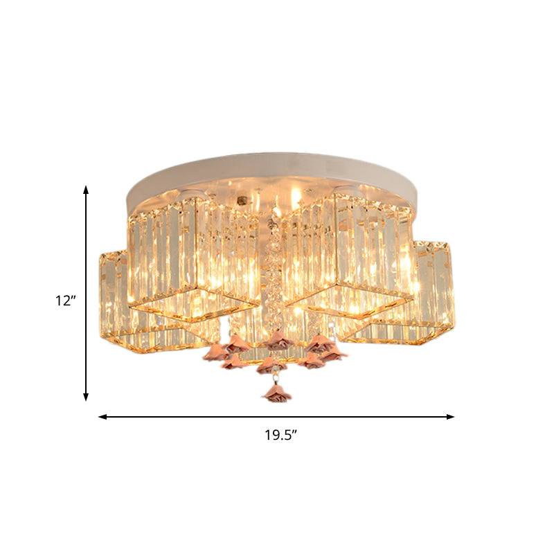 Modern Cubic Flush Mount Crystal Ceiling Light With Pink Rose Draping - 19.5/23.5 Dia 5/6 Heads