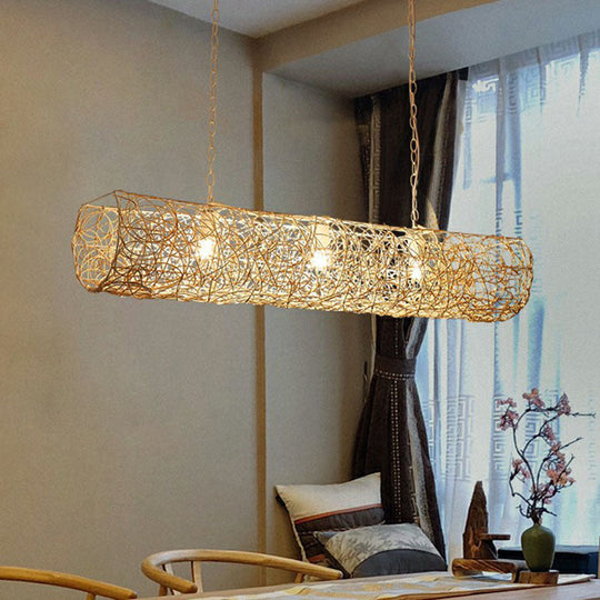 Modern Hanging Rattan Ceiling Light With 3 Bulbs For Tea Room Island