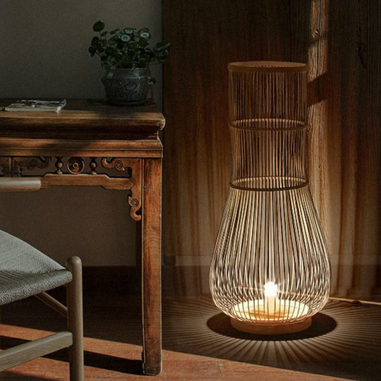 Bamboo Fish Trap Floor Lamp - Sleek Single-Bulb Illumination For Restaurants And Homes