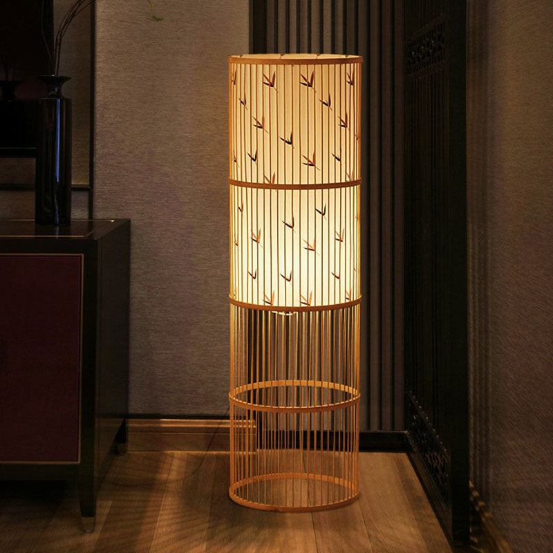 Modern Bamboo Floor Lamp - Single Cylindrical Standing Light For Living Room