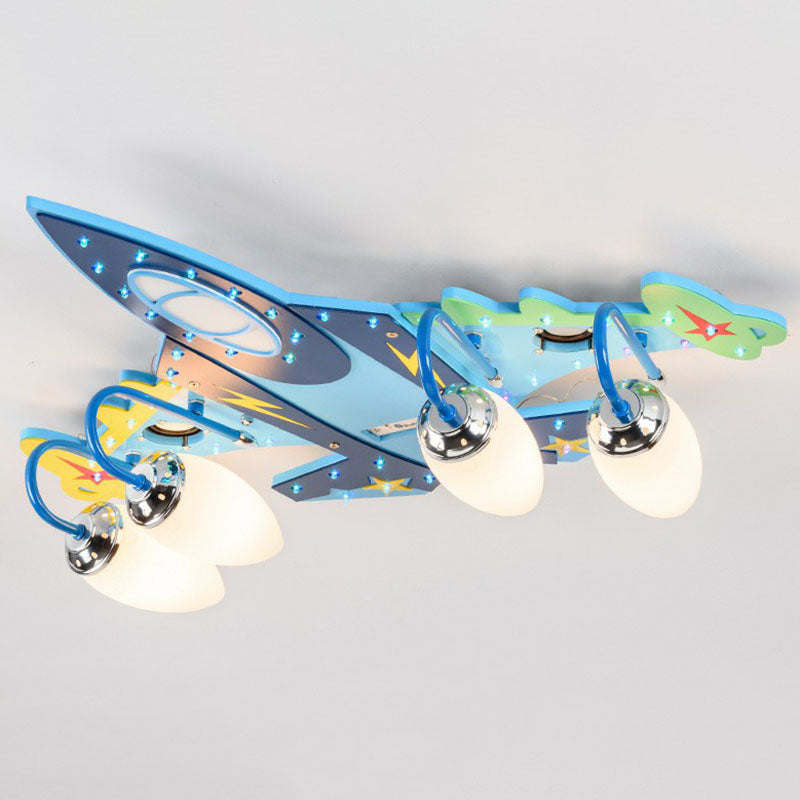 Blue LED Wood Flushmount Ceiling Light for Kids' Plane-Themed Kindergarten