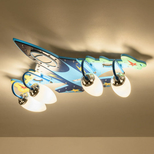 Blue LED Wood Flushmount Ceiling Light for Kids' Plane-Themed Kindergarten