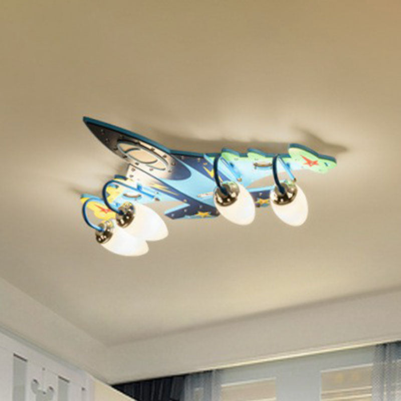 Blue LED Wood Flushmount Ceiling Light for Kids' Plane-Themed Kindergarten