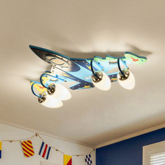 Blue LED Wood Flushmount Ceiling Light for Kids' Plane-Themed Kindergarten