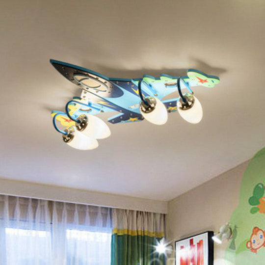 Blue LED Wood Flushmount Ceiling Light for Kids' Plane-Themed Kindergarten