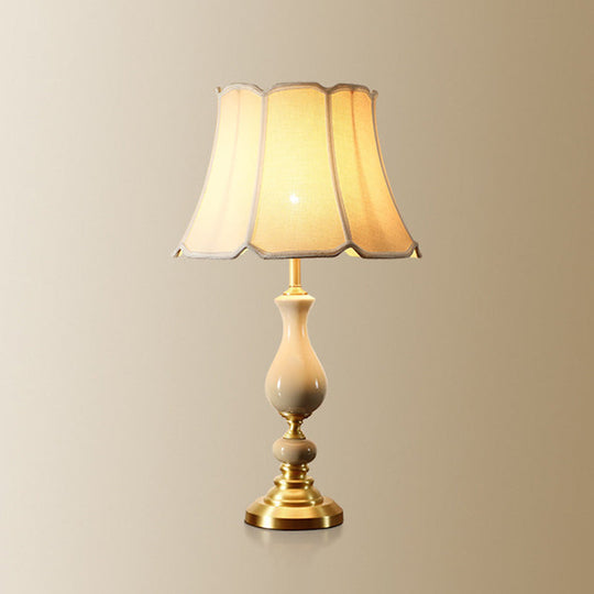 White Fabric Scalloped Bell Table Lamp - Simplicity Design Ceramic Decor